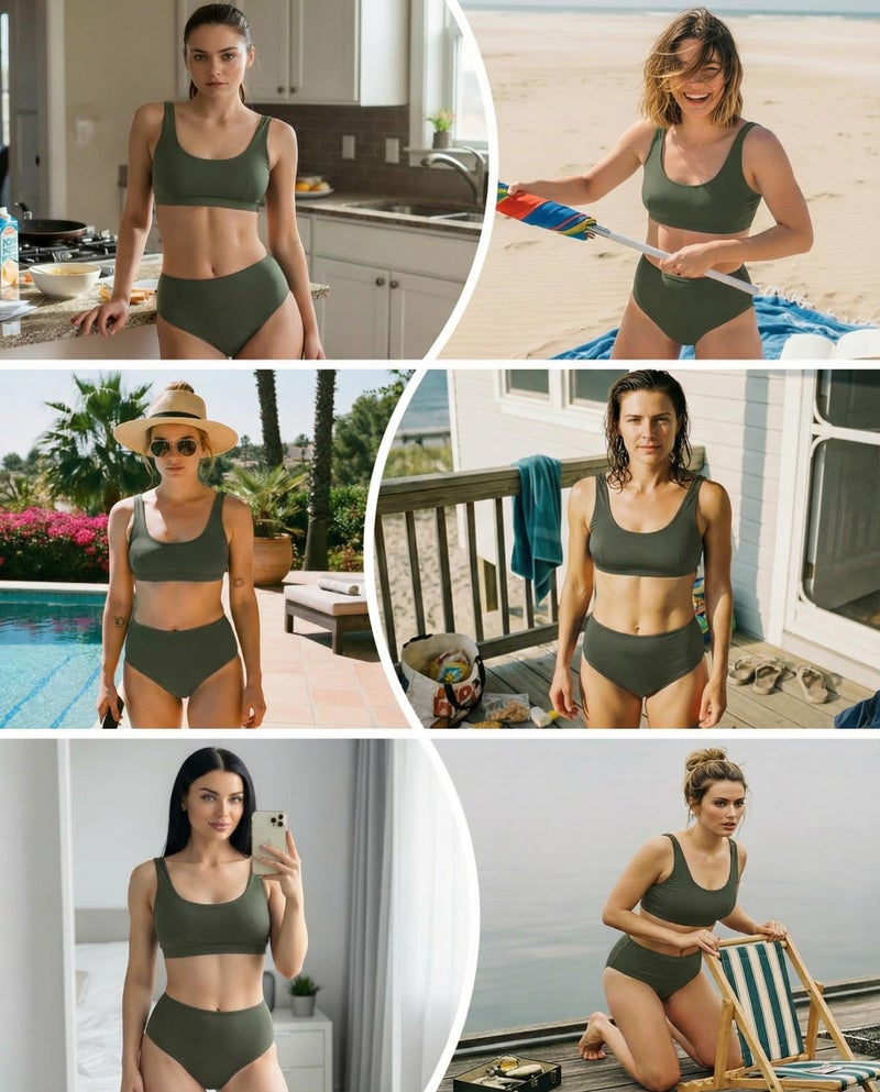 Tempt Me Women Army Green Two Piece Scoop Neck Bikini Crop Top Swimsuit Sporty High Waisted Bathing Suit XL - Image 4